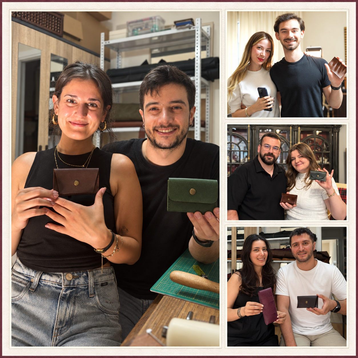 Opia Leather atölyesinde birlikte ürettikleri deri parçaları gösteren katılımcıların fotoğraflarından kolaj